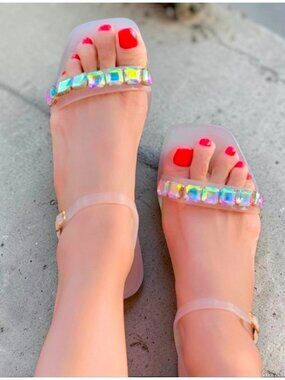 Crystal Embellished Clear Strap Sandals For Women Flat Comfy Slide-On Style With